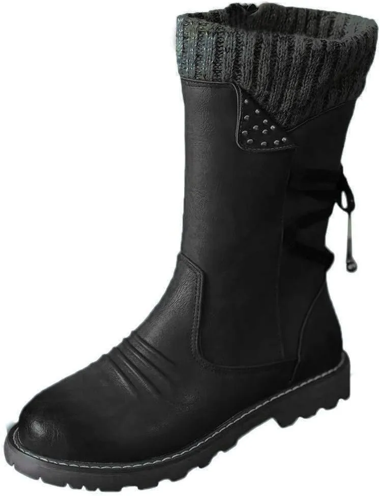 AMDBEL Boots for Women Fashion Dressy, Snow Boots for Women Fur Lined Round Toe Square Heel Snow Boots Winter Mid Calf Boots