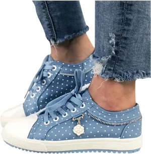 AMDBEL Women's Fashion Sneakers Denim Canvas Shoes Breathable Anti Slip Mesh Floral Low Top Shoes Casual Polka Dot Lace-Up Play Sneakers Loafers Walking Shoes for Running Shopping Driving Travel