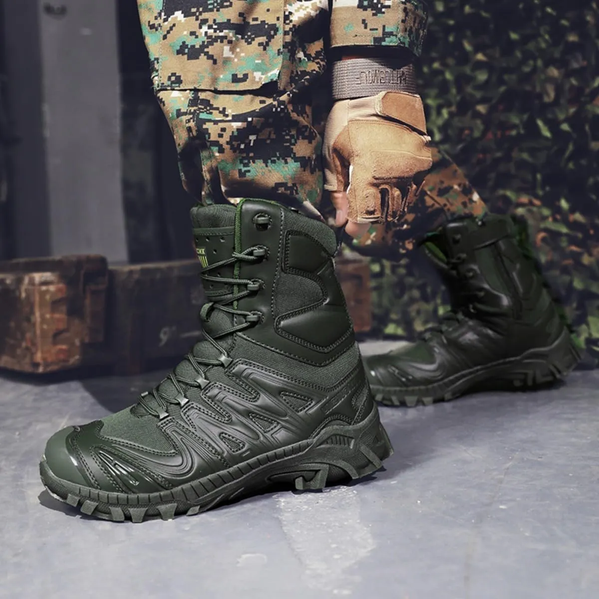 Bitiger Men's Combat Boots with Side Zipper Velcro and Casual Outdoor Mountaineering Trekking Commando Tactical Boots