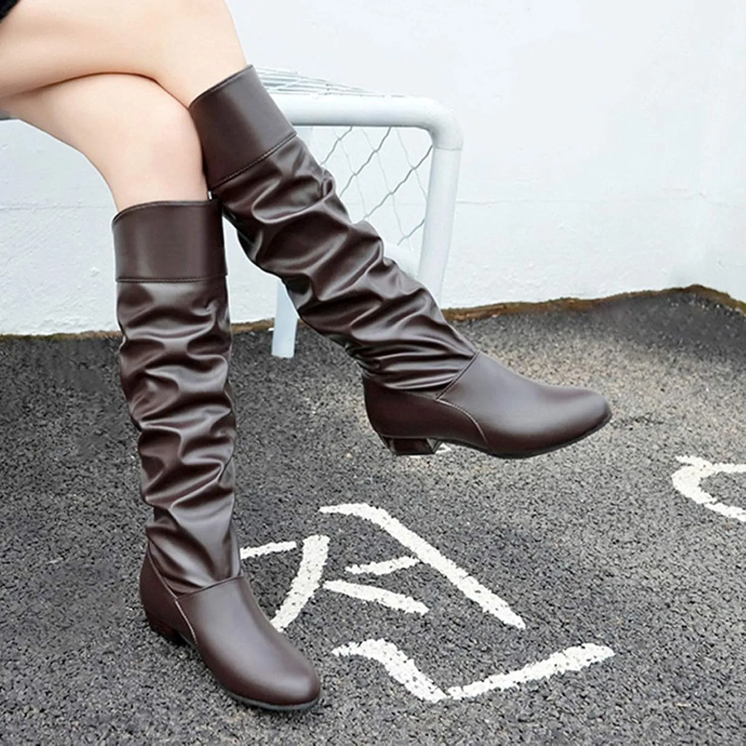 Cowboy Boots for Women Wide Width Boot Leather Boots Mid Calf Slouchy Round Toe Vintage Booties Winter Dressy Shoes