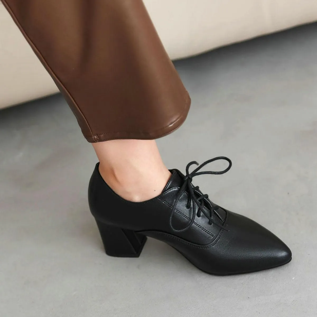 DINTAHA Pointed Toe Oxford Heels Chunky Heeled Lace Up Oxfords Casual Formal Dress Shoes