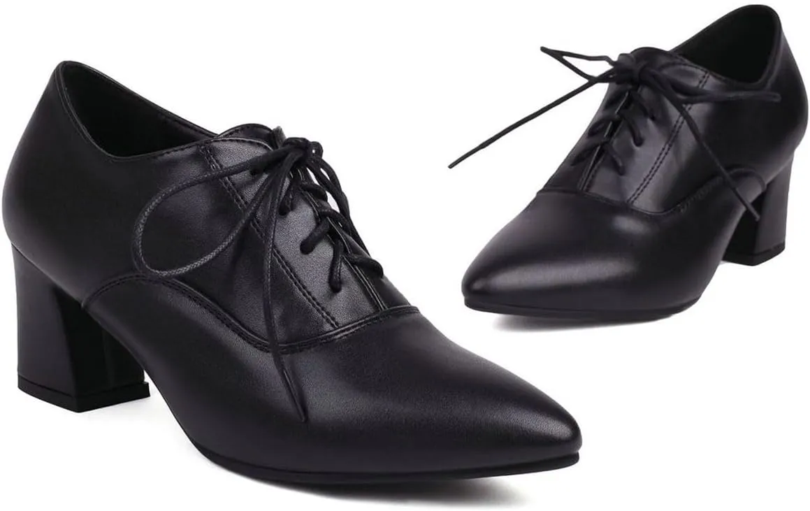 DINTAHA Pointed Toe Oxford Heels Chunky Heeled Lace Up Oxfords Casual Formal Dress Shoes