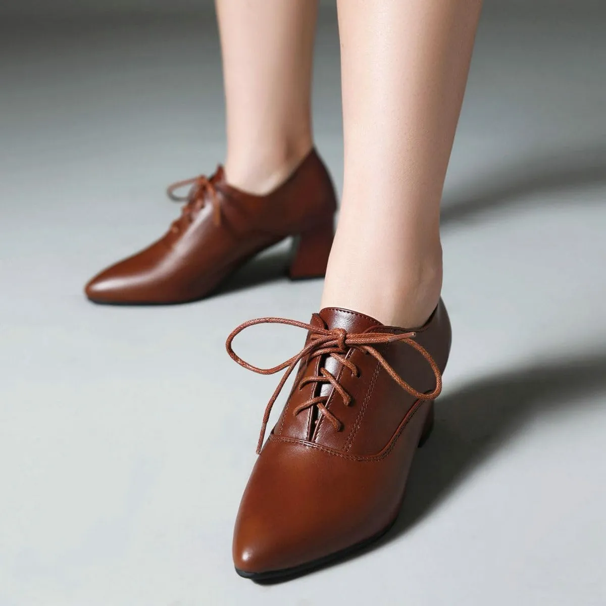 DINTAHA Pointed Toe Oxford Heels Chunky Heeled Lace Up Oxfords Casual Formal Dress Shoes
