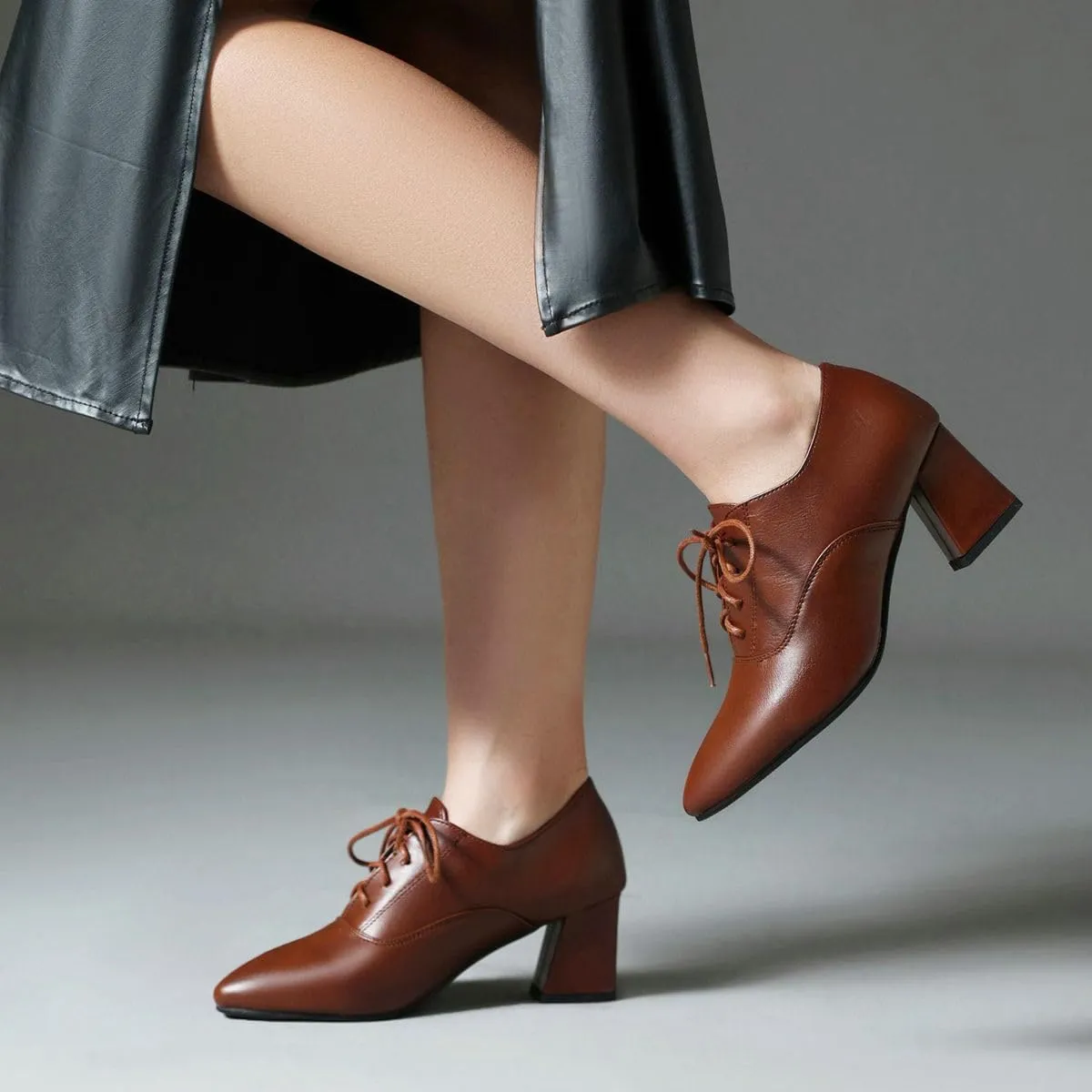 DINTAHA Pointed Toe Oxford Heels Chunky Heeled Lace Up Oxfords Casual Formal Dress Shoes