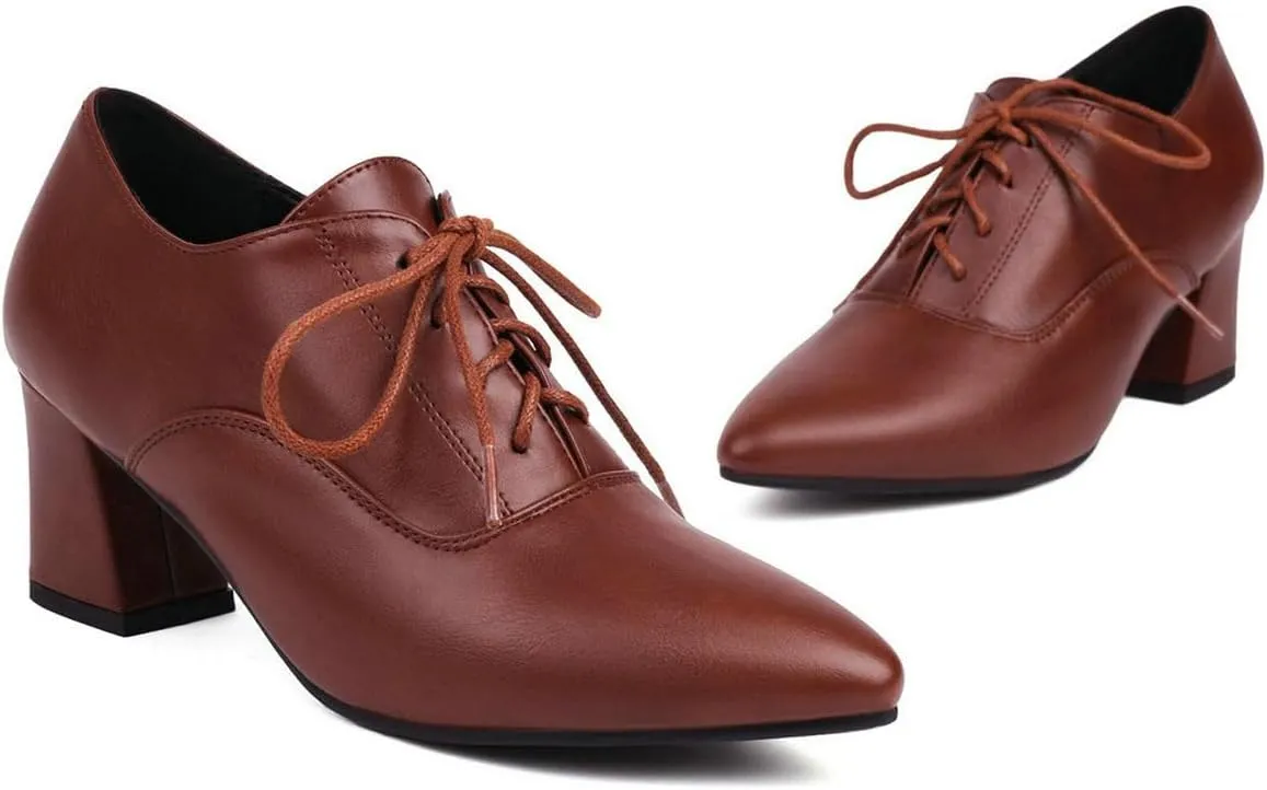 DINTAHA Pointed Toe Oxford Heels Chunky Heeled Lace Up Oxfords Casual Formal Dress Shoes