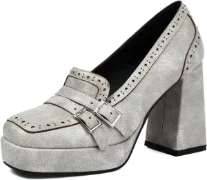 DINTAHA Womens Platform Heeled Loafers Oxford Heels for Women Vintage Heels Square Toe Chunky Heel Pumps