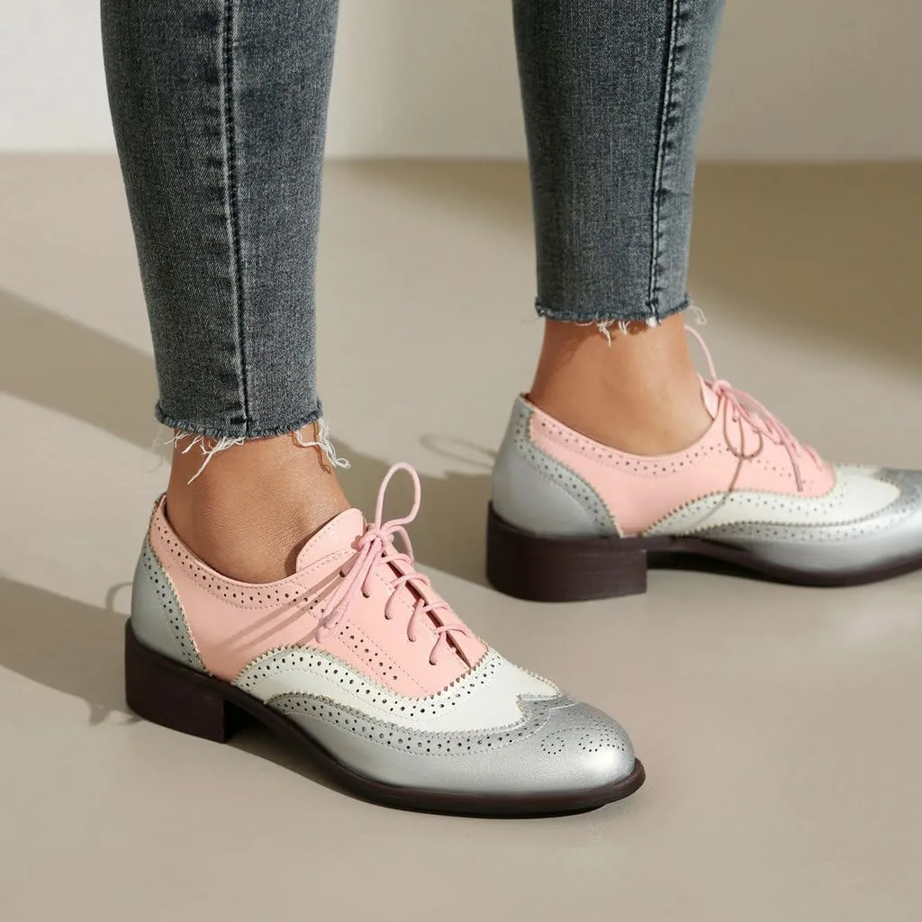 DINTAHA Womens Wingtip Oxford Shoes Chunky Low Heel Oxford Flats Lace Up Brogues Vintage Dress Shoes