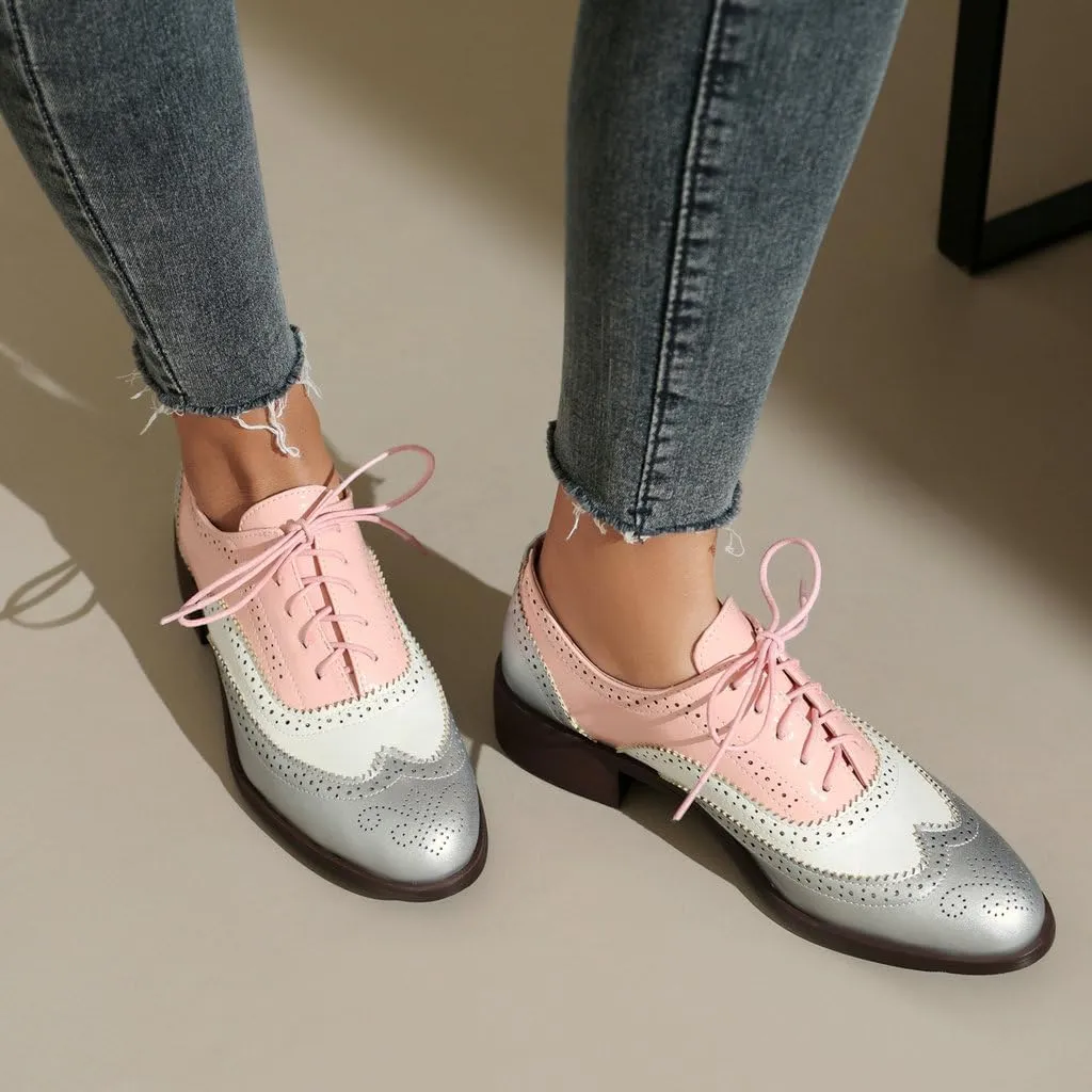 DINTAHA Womens Wingtip Oxford Shoes Chunky Low Heel Oxford Flats Lace Up Brogues Vintage Dress Shoes