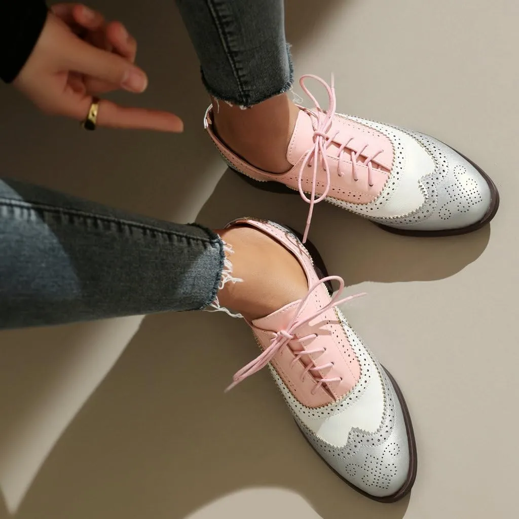 DINTAHA Womens Wingtip Oxford Shoes Chunky Low Heel Oxford Flats Lace Up Brogues Vintage Dress Shoes
