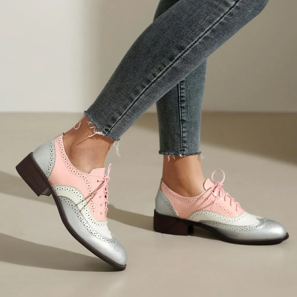 DINTAHA Womens Wingtip Oxford Shoes Chunky Low Heel Oxford Flats Lace Up Brogues Vintage Dress Shoes