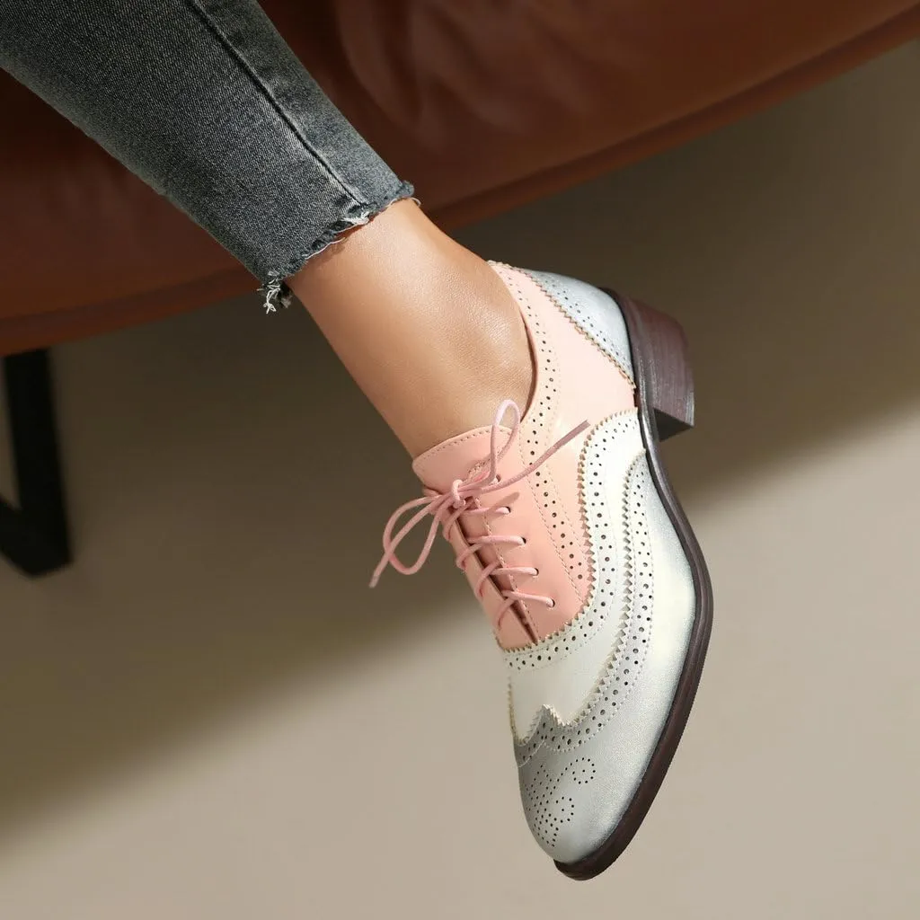 DINTAHA Womens Wingtip Oxford Shoes Chunky Low Heel Oxford Flats Lace Up Brogues Vintage Dress Shoes