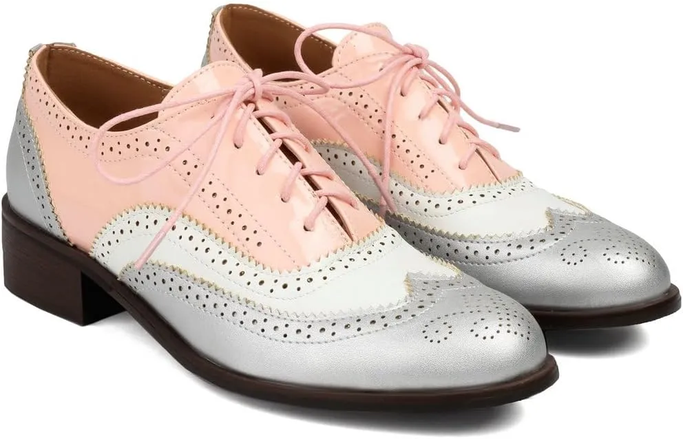 DINTAHA Womens Wingtip Oxford Shoes Chunky Low Heel Oxford Flats Lace Up Brogues Vintage Dress Shoes