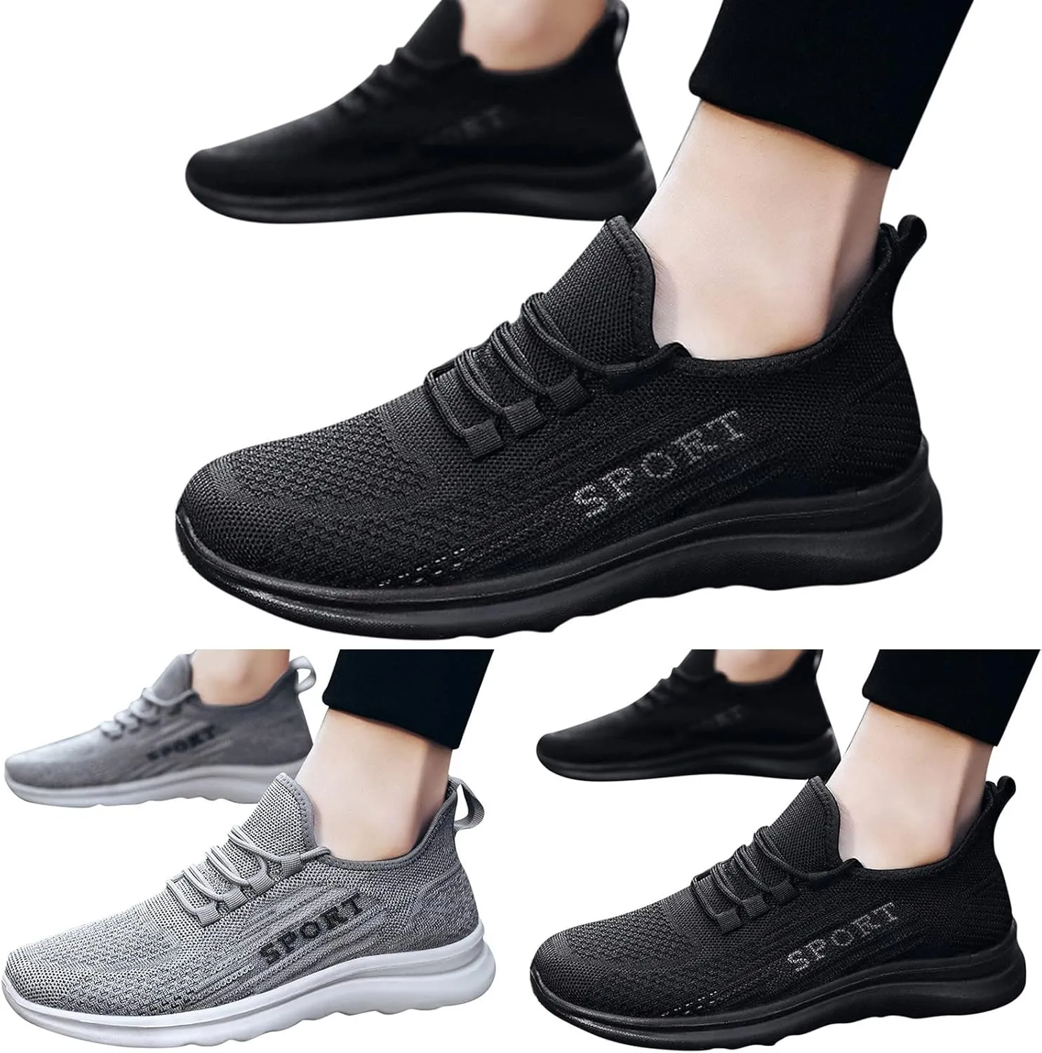 Fashion Men Sports Flat Non Slip Lace Up Fly Woven Mesh Breathable Solid Color Simple Mens Sneaker Boot