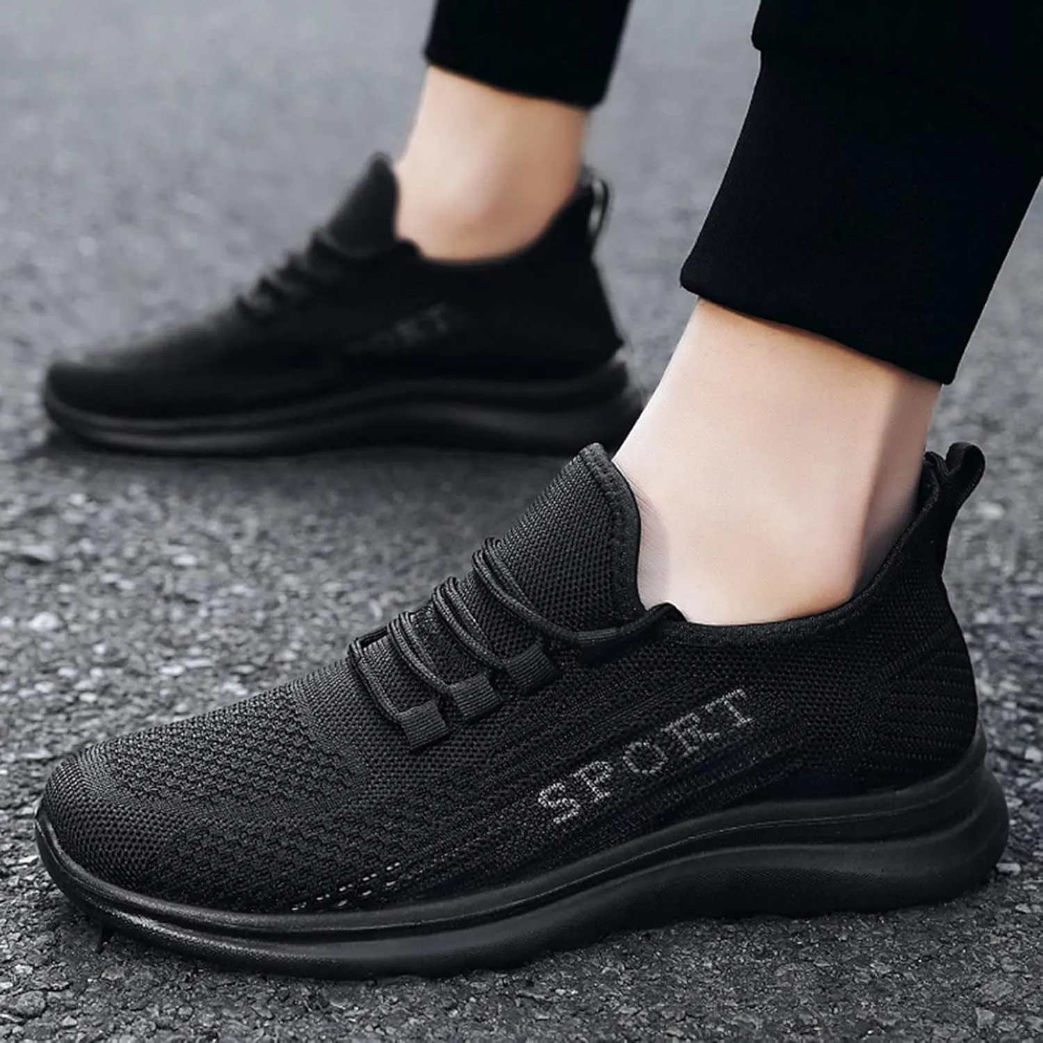 Fashion Men Sports Flat Non Slip Lace Up Fly Woven Mesh Breathable Solid Color Simple Mens Sneaker Boot