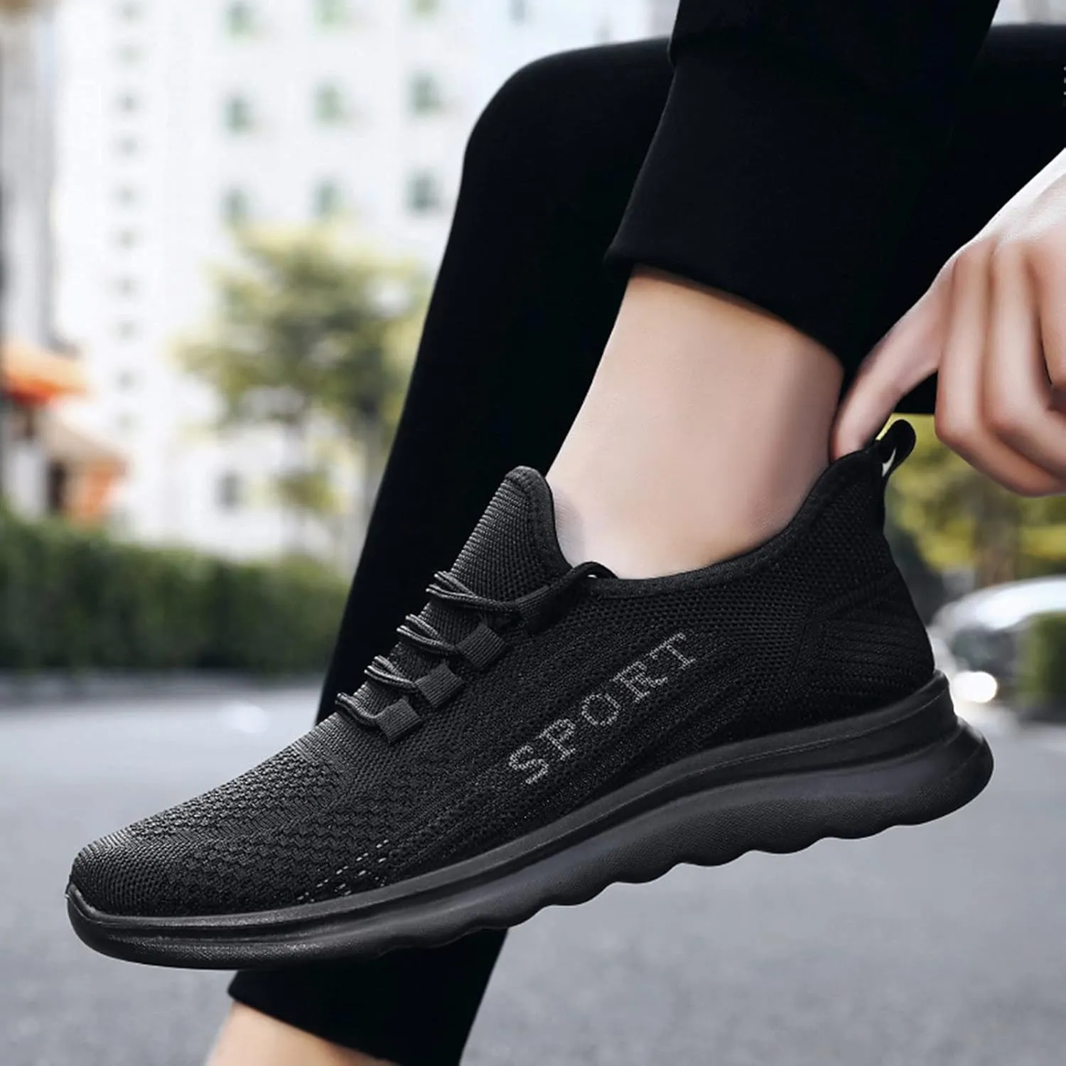 Fashion Men Sports Flat Non Slip Lace Up Fly Woven Mesh Breathable Solid Color Simple Mens Sneaker Boot