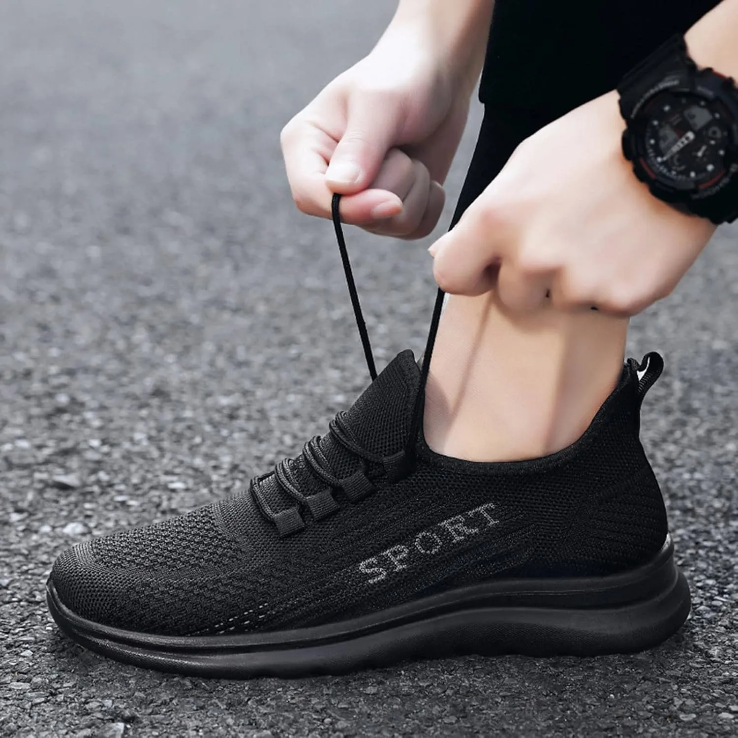 Fashion Men Sports Flat Non Slip Lace Up Fly Woven Mesh Breathable Solid Color Simple Mens Sneaker Boot