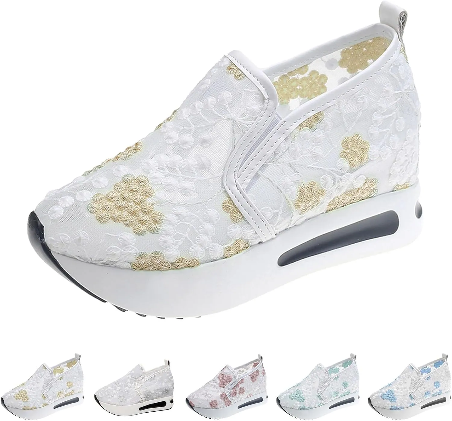 Fashion Sneakers for Women Floral Embroidery Breathable Sheer Mesh Sneakers Slip On Sneakers Platform Wedge Shoes