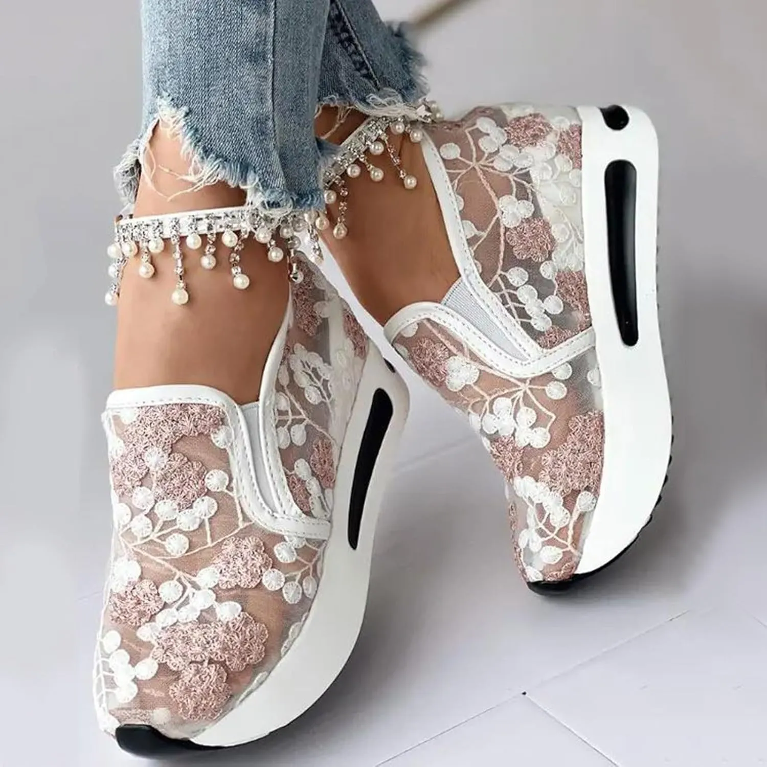Fashion Sneakers for Women Floral Embroidery Breathable Sheer Mesh Sneakers Slip On Sneakers Platform Wedge Shoes