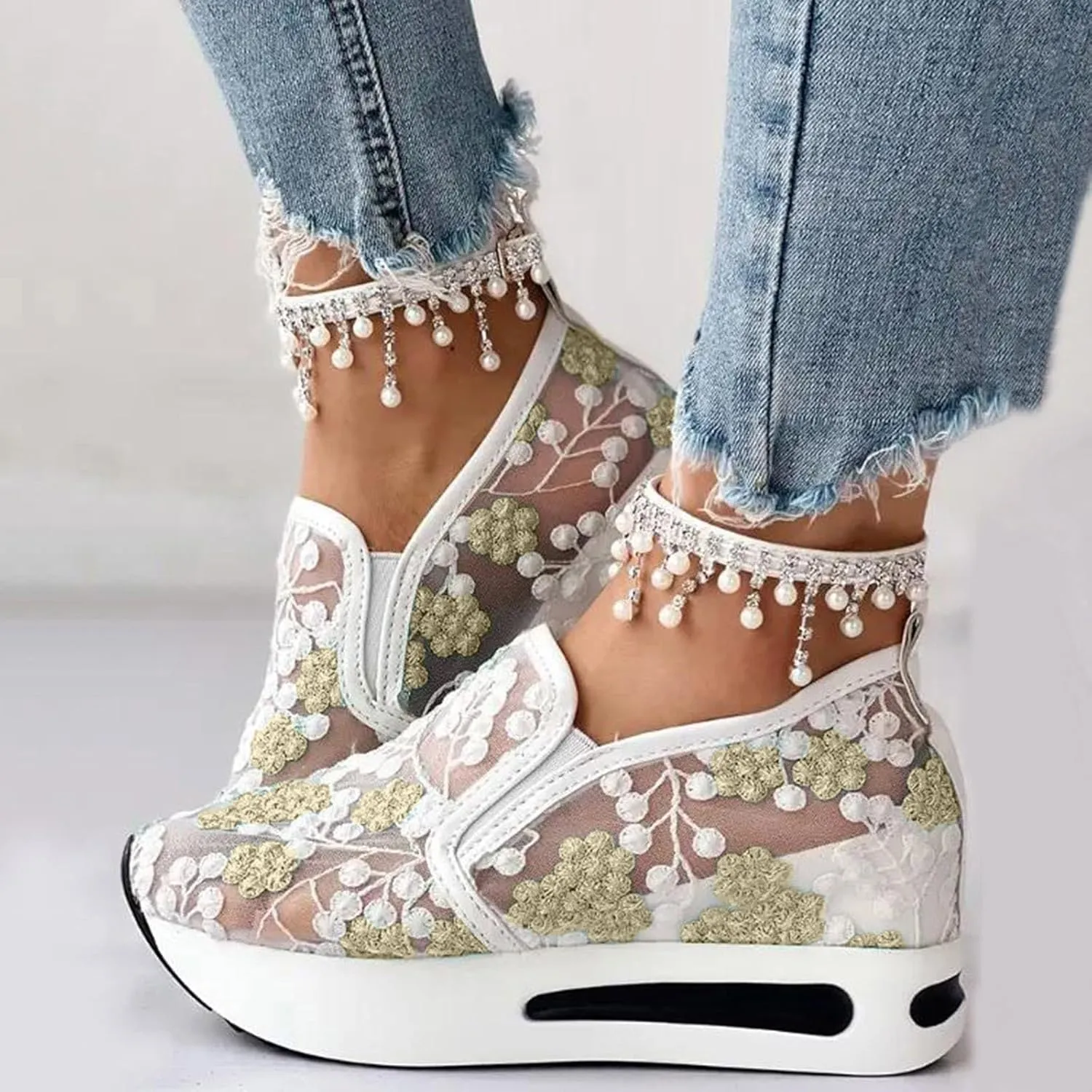Fashion Sneakers for Women Floral Embroidery Breathable Sheer Mesh Sneakers Slip On Sneakers Platform Wedge Shoes