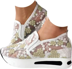 Fashion Sneakers for Women Floral Embroidery Breathable Sheer Mesh Sneakers Slip On Sneakers Platform Wedge Shoes