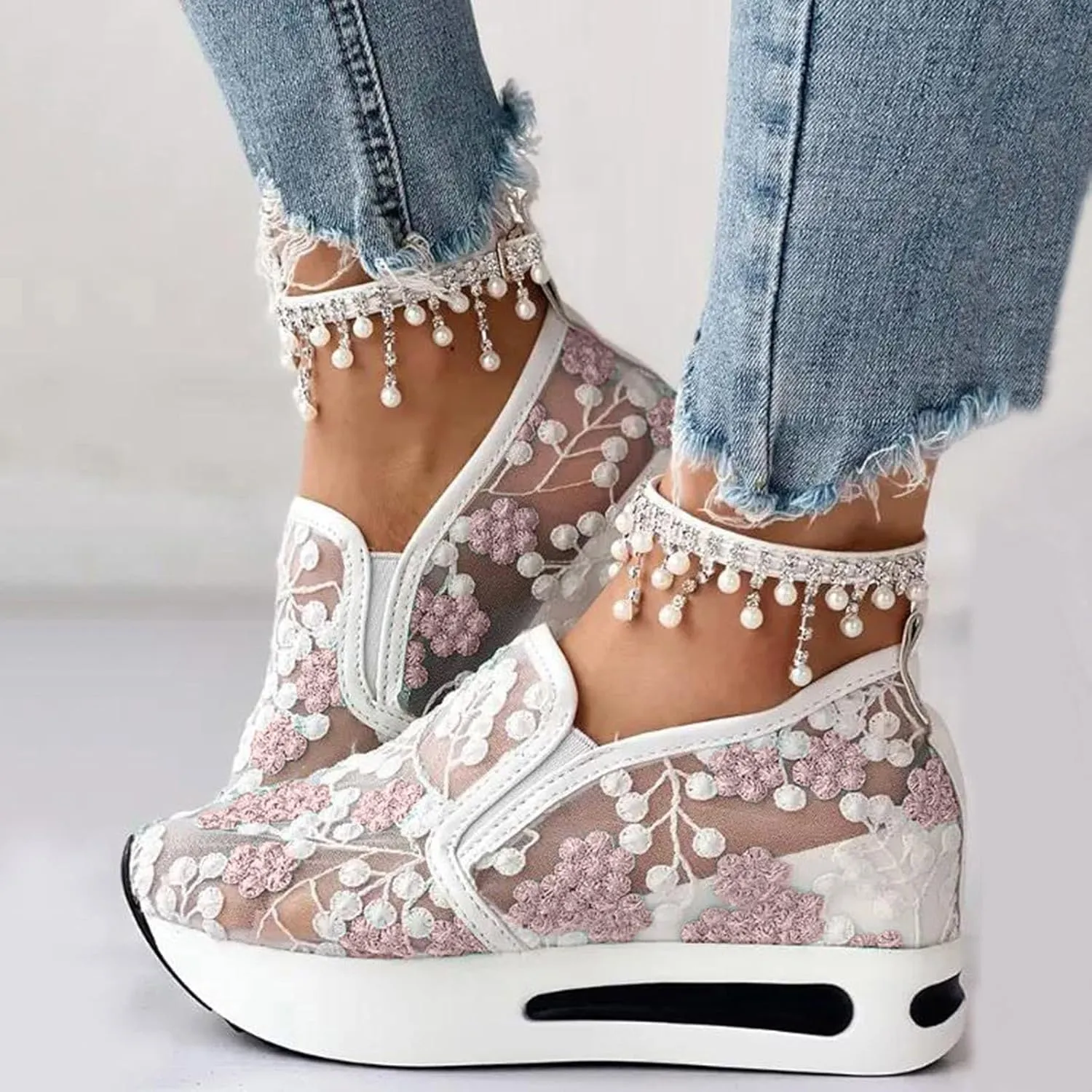 Fashion Sneakers for Women Floral Embroidery Breathable Sheer Mesh Sneakers Slip On Sneakers Platform Wedge Shoes