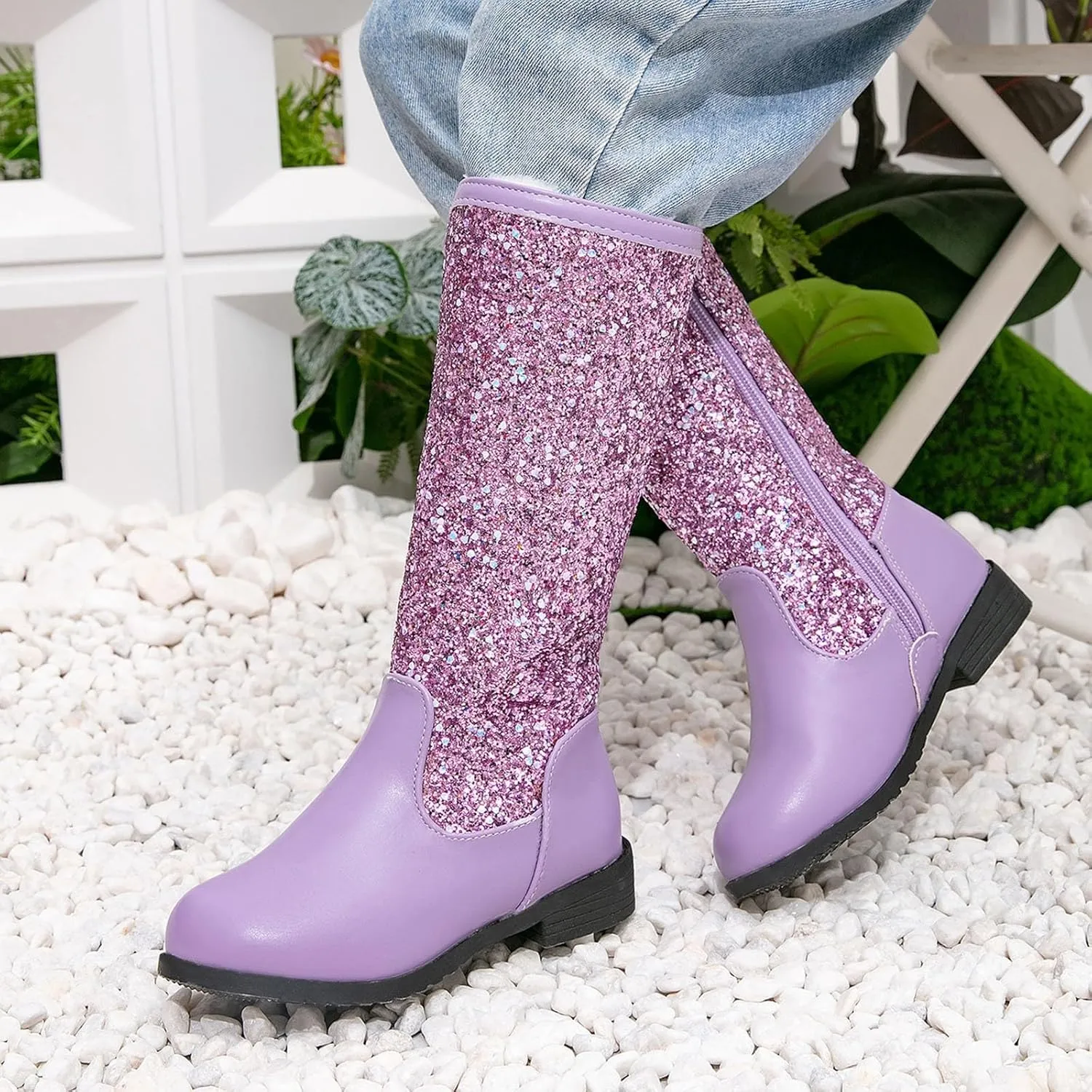 Girls Cowgirl Boots Mid Calf Square Toe Western Boot for Kids Glitter Cowboy Boots Party Snow Boots for Children Shoe
