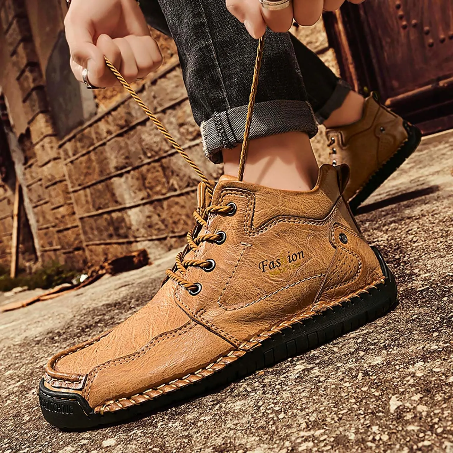 HESBITEUL Men's Leather Chukka Hiking Boots All Seasons for Camping & Driving Ankle Shoes