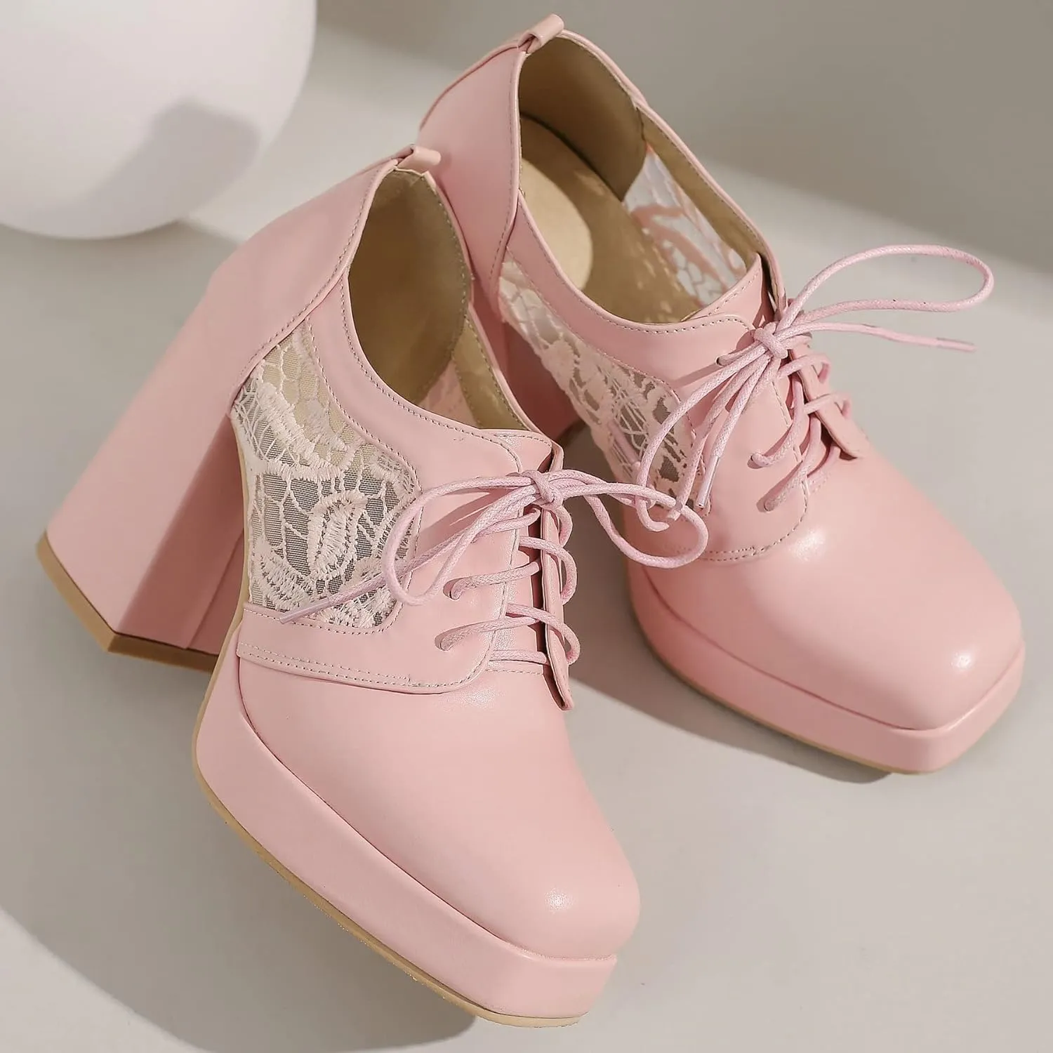 KISSASA Womens Square Toe Heeled Booties Lace Up Oxford Platform Heels Summer Ankle Boots