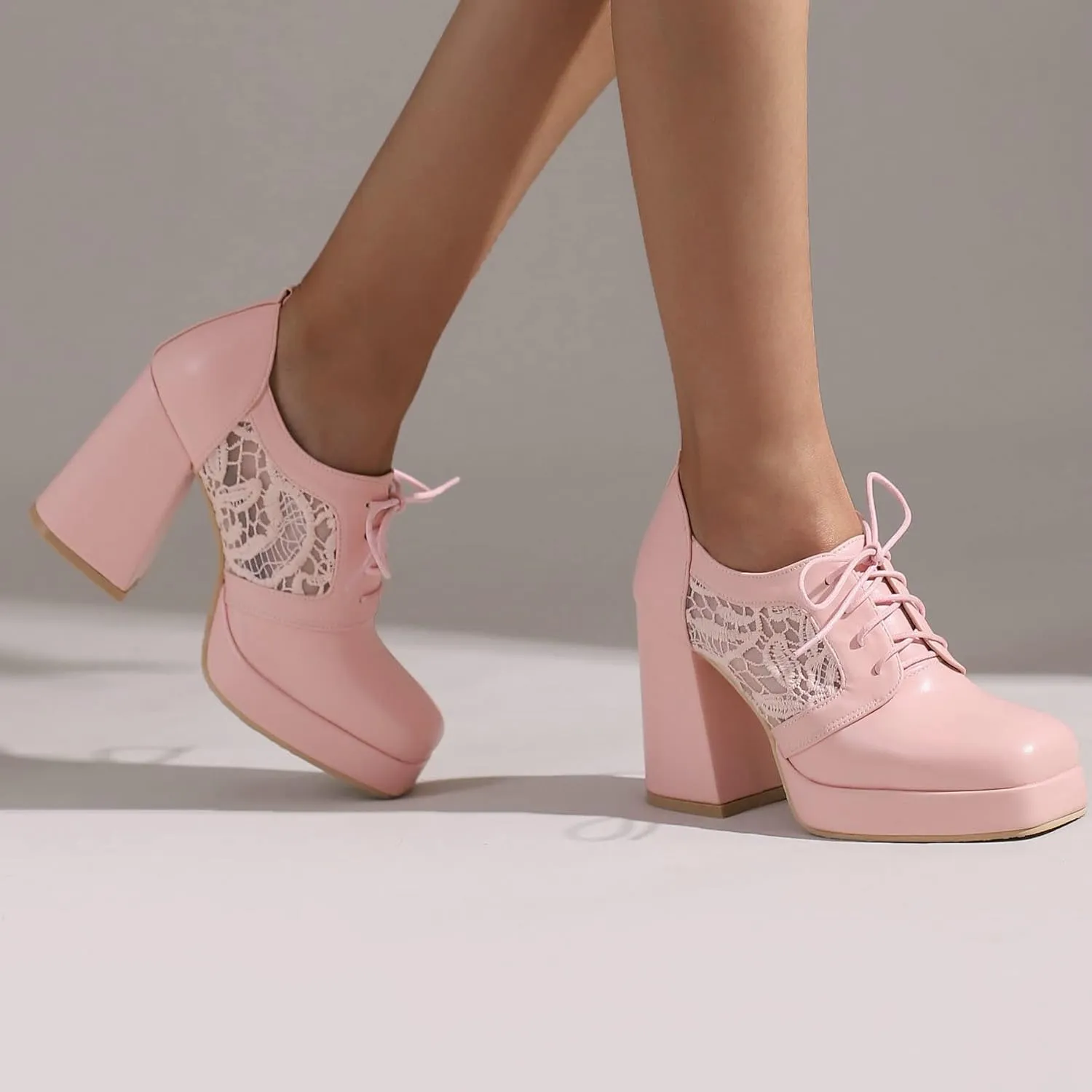 KISSASA Womens Square Toe Heeled Booties Lace Up Oxford Platform Heels Summer Ankle Boots