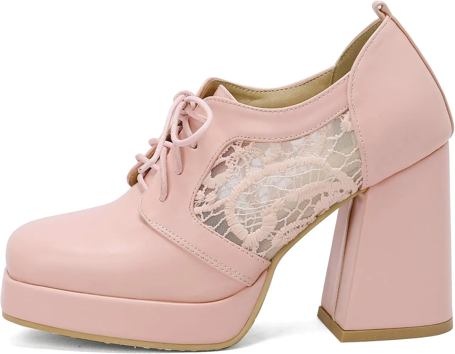 KISSASA Womens Square Toe Heeled Booties Lace Up Oxford Platform Heels Summer Ankle Boots