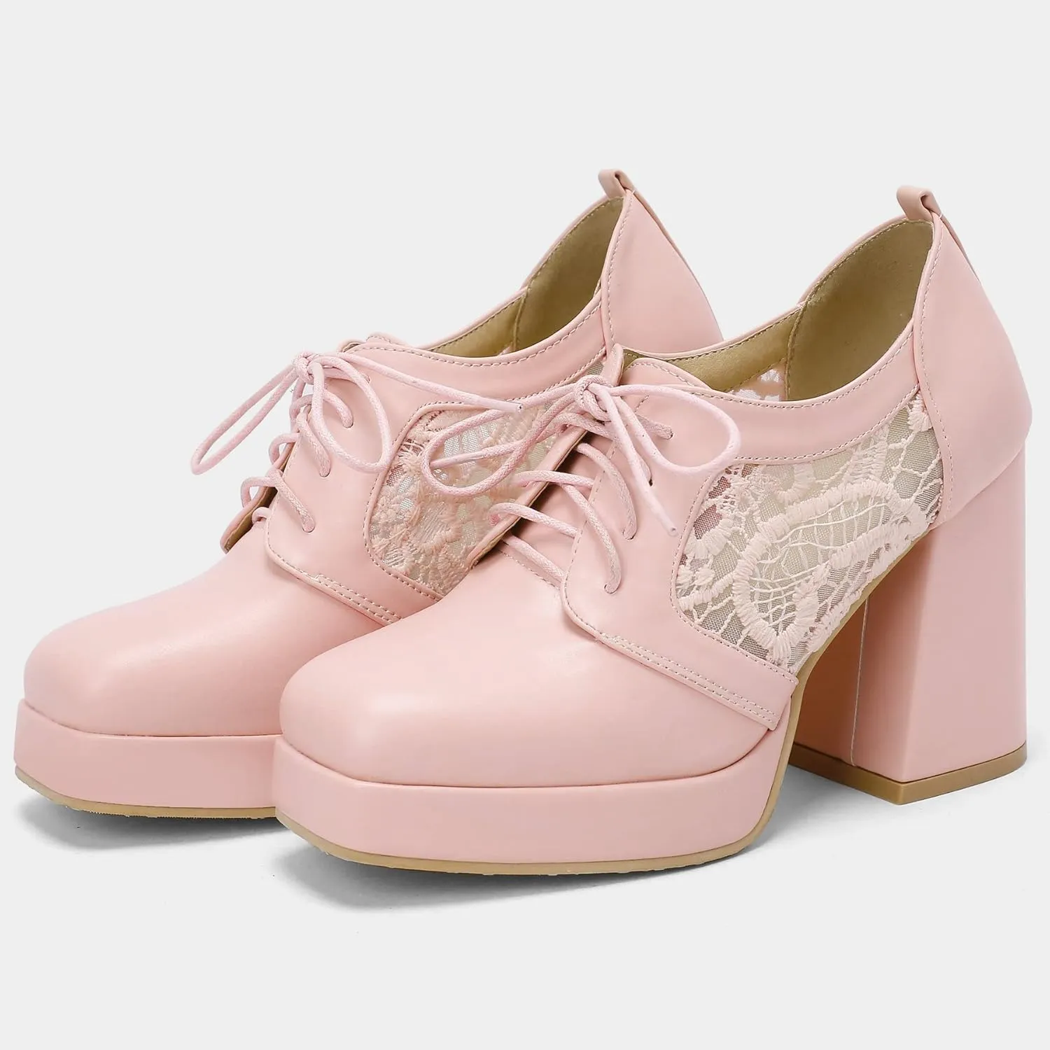 KISSASA Womens Square Toe Heeled Booties Lace Up Oxford Platform Heels Summer Ankle Boots
