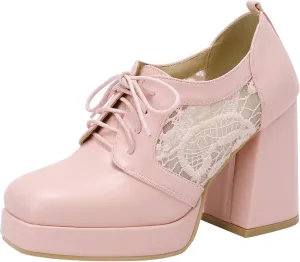 KISSASA Womens Square Toe Heeled Booties Lace Up Oxford Platform Heels Summer Ankle Boots