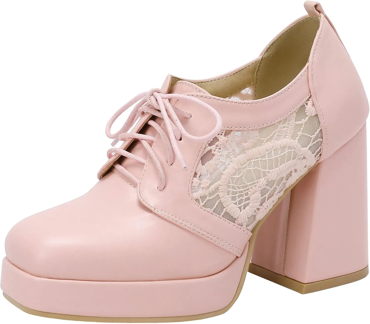 KISSASA Womens Square Toe Heeled Booties Lace Up Oxford Platform Heels Summer Ankle Boots