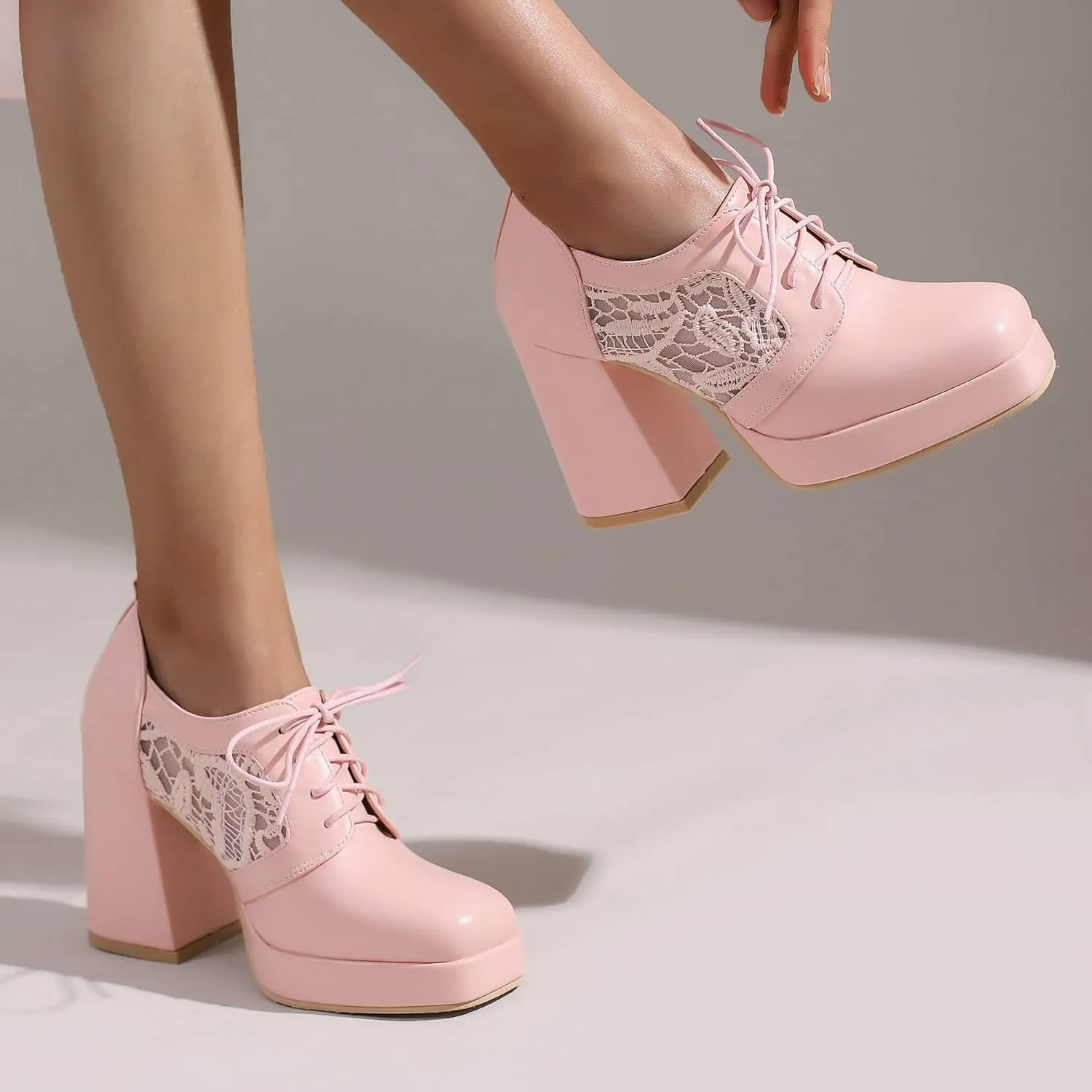 KISSASA Womens Square Toe Heeled Booties Lace Up Oxford Platform Heels Summer Ankle Boots