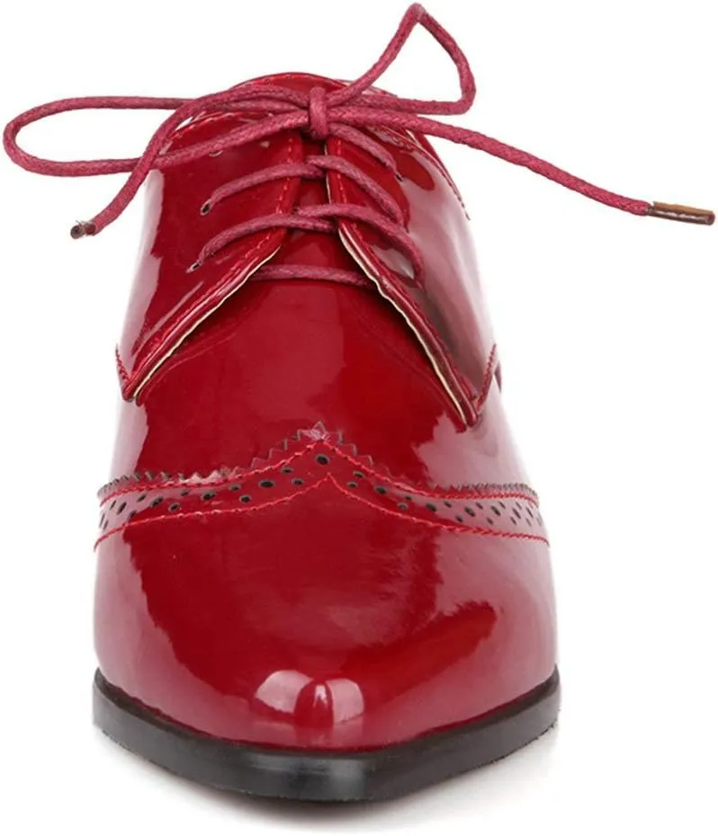 KOKOMOMO Womens Wingtip Patent Leather Pointed Low Heel Oxford Flats Vintage Brogue Shoes
