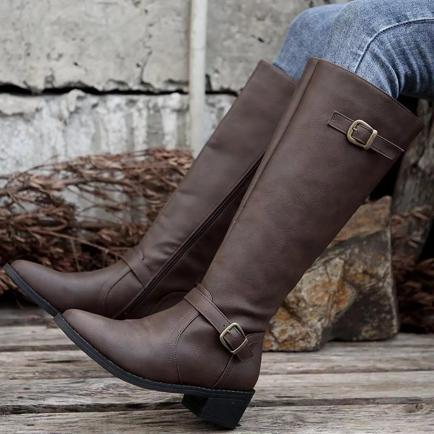 Ladies British Style Leather Belt Buckle Decorative Side Zipper Dashion Long Tube Knee Boots Snow Boots