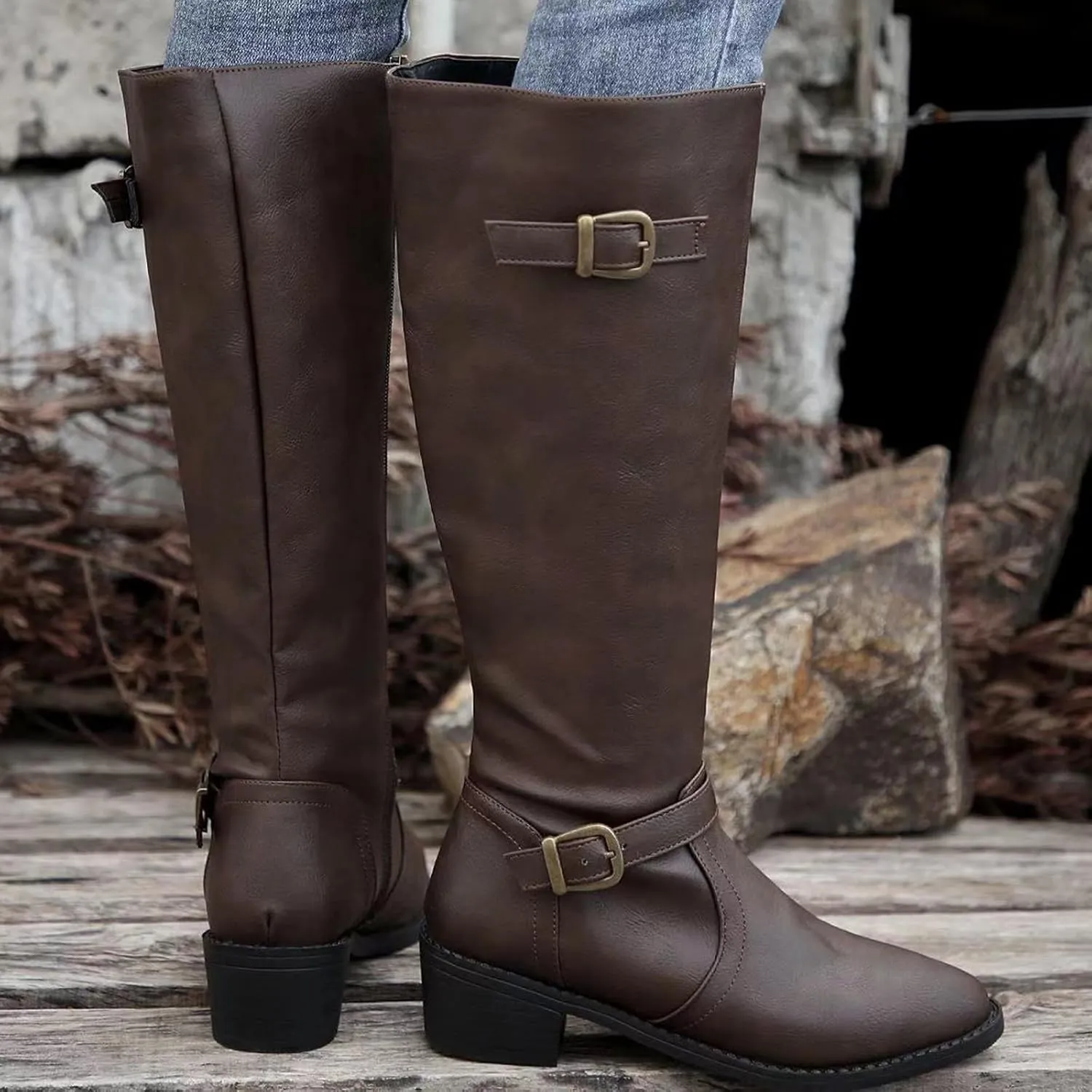 Ladies British Style Leather Belt Buckle Decorative Side Zipper Dashion Long Tube Knee Boots Snow Boots