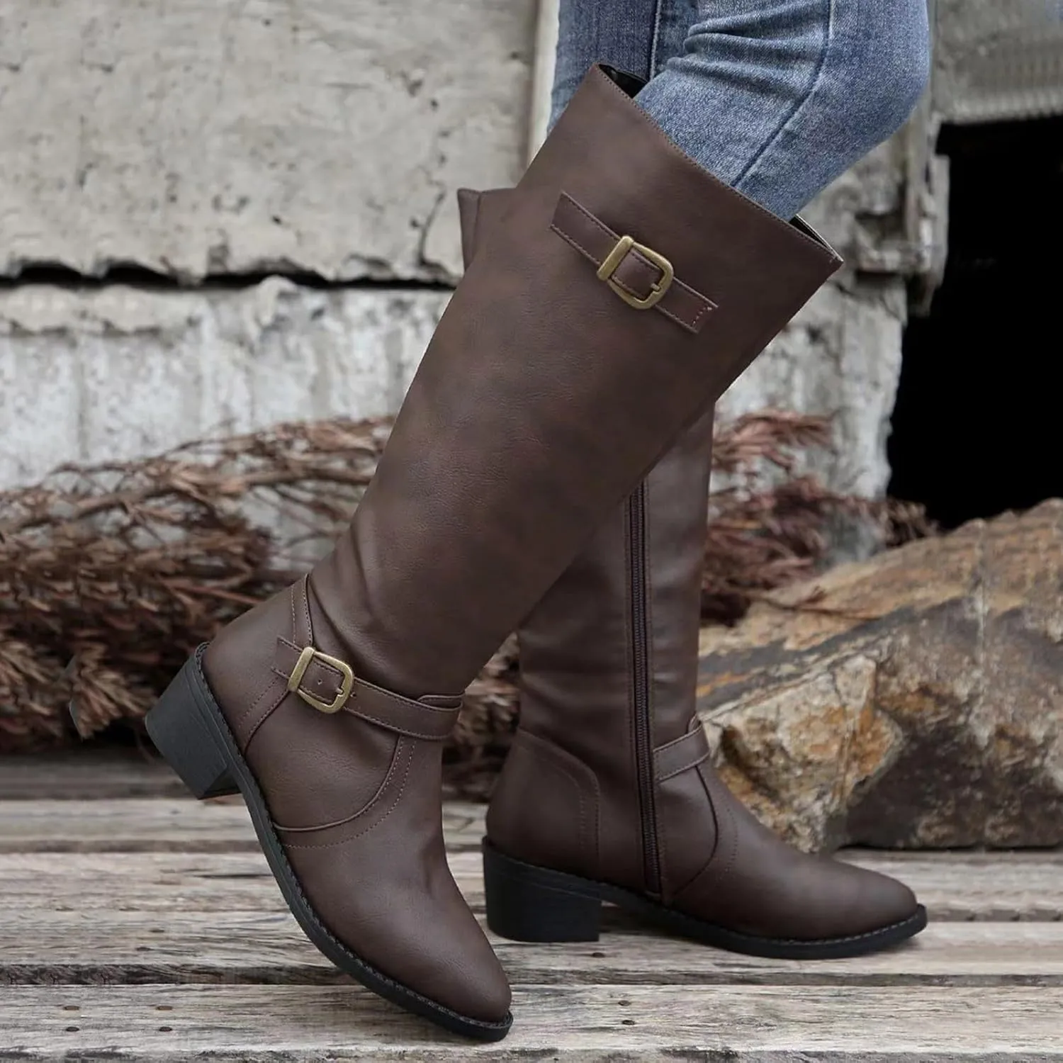 Ladies British Style Leather Belt Buckle Decorative Side Zipper Dashion Long Tube Knee Boots Snow Boots