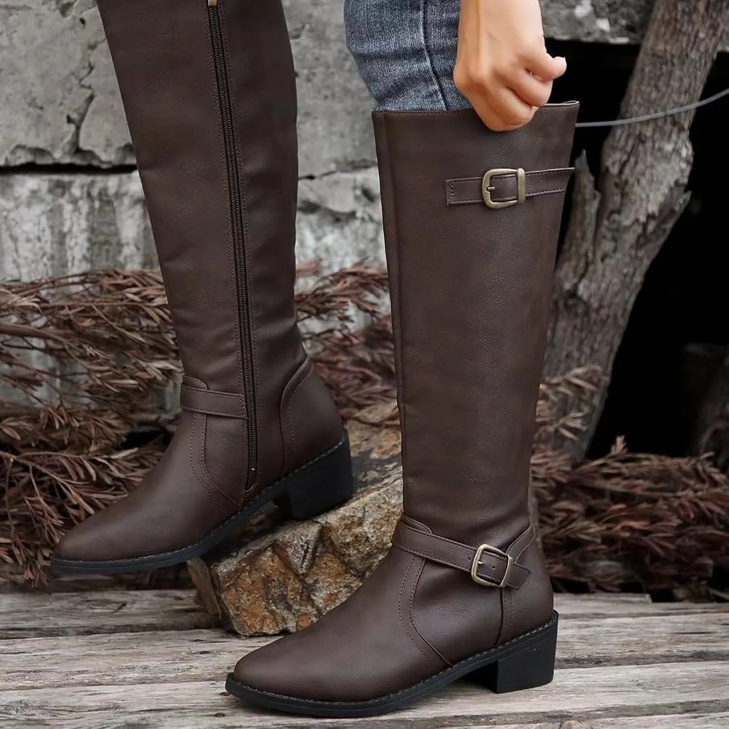 Ladies British Style Leather Belt Buckle Decorative Side Zipper Dashion Long Tube Knee Boots Snow Boots