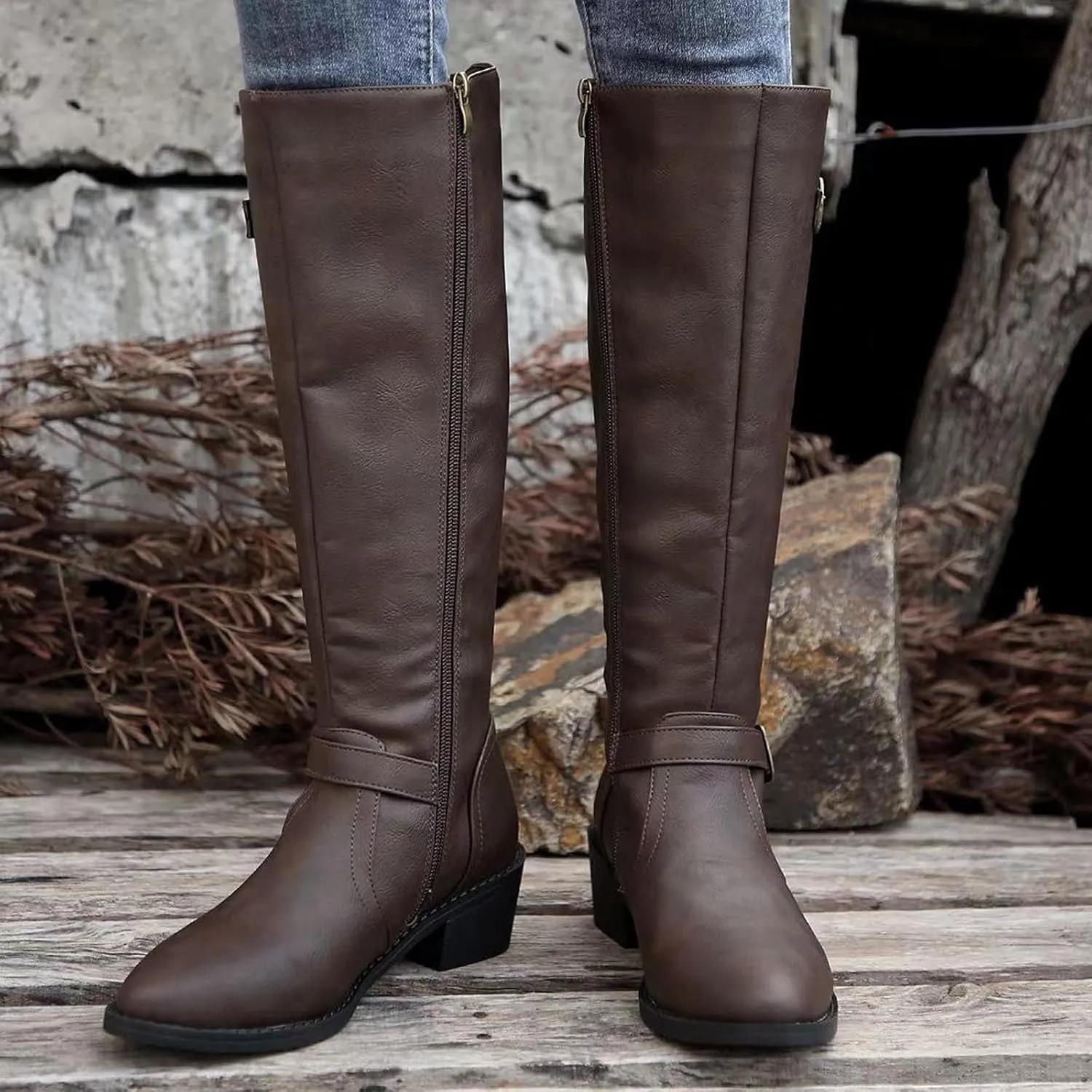Ladies British Style Leather Belt Buckle Decorative Side Zipper Dashion Long Tube Knee Boots Snow Boots