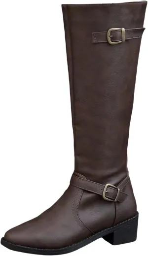 Ladies British Style Leather Belt Buckle Decorative Side Zipper Dashion Long Tube Knee Boots Snow Boots