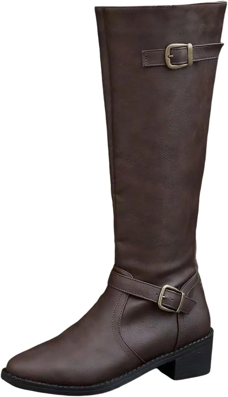 Ladies British Style Leather Belt Buckle Decorative Side Zipper Dashion Long Tube Knee Boots Snow Boots