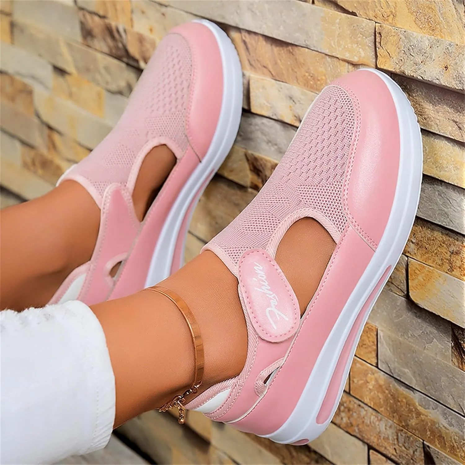 Ladies Platform Sneakers Slip on No Lace Breathable Cutout Walking Running Shoes Comfortable Tennis Shoes Non Slip Casual Womens Outdoor Sport Sneakers