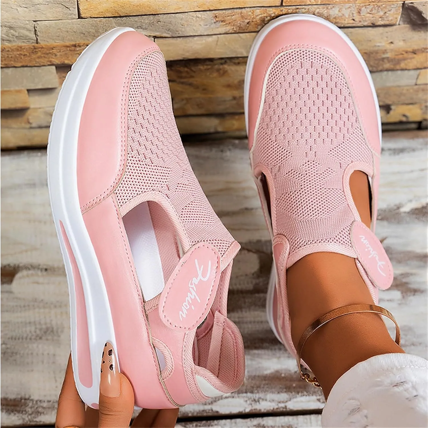 Ladies Platform Sneakers Slip on No Lace Breathable Cutout Walking Running Shoes Comfortable Tennis Shoes Non Slip Casual Womens Outdoor Sport Sneakers