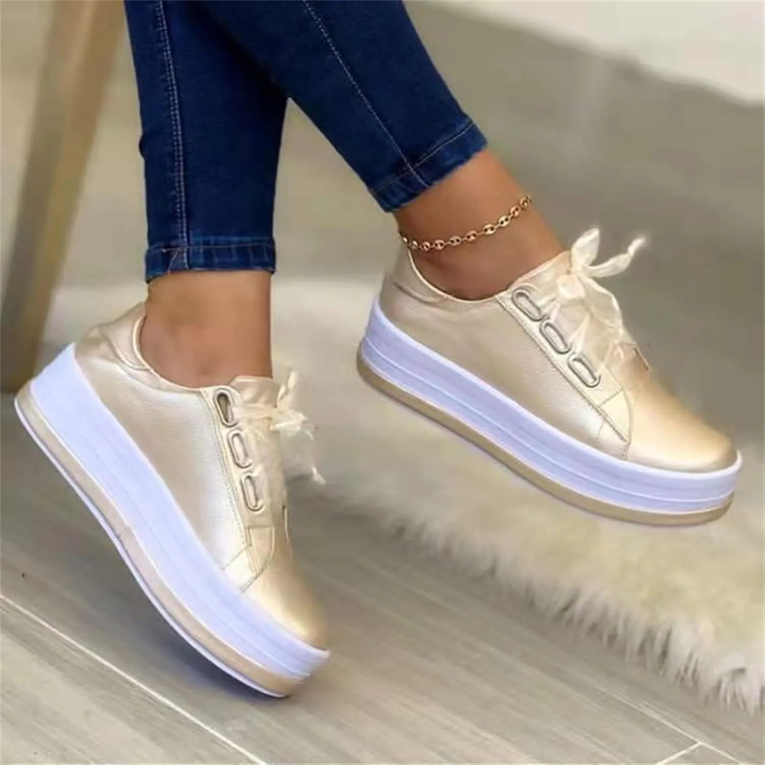 Lausiuoe Shoes for Women Sneakers Trendy Comfortable Casual Fashion Sneakers Leather Walking Shoes Slip On Flat Loafers