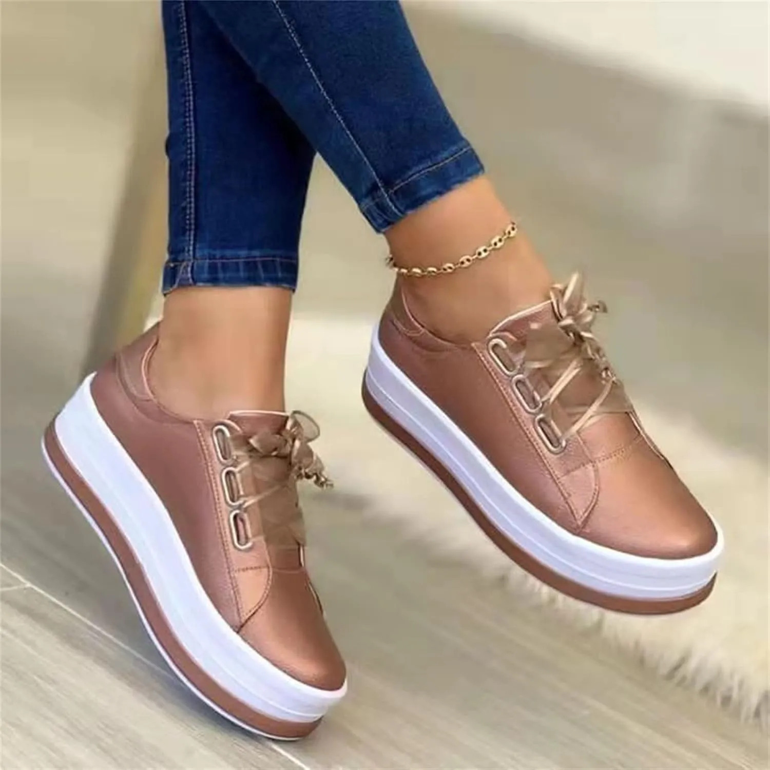 Lausiuoe Shoes for Women Sneakers Trendy Fashion Leather Shoes Round Toe Lightweight Slip On Sneakers Walking Flat Loafers