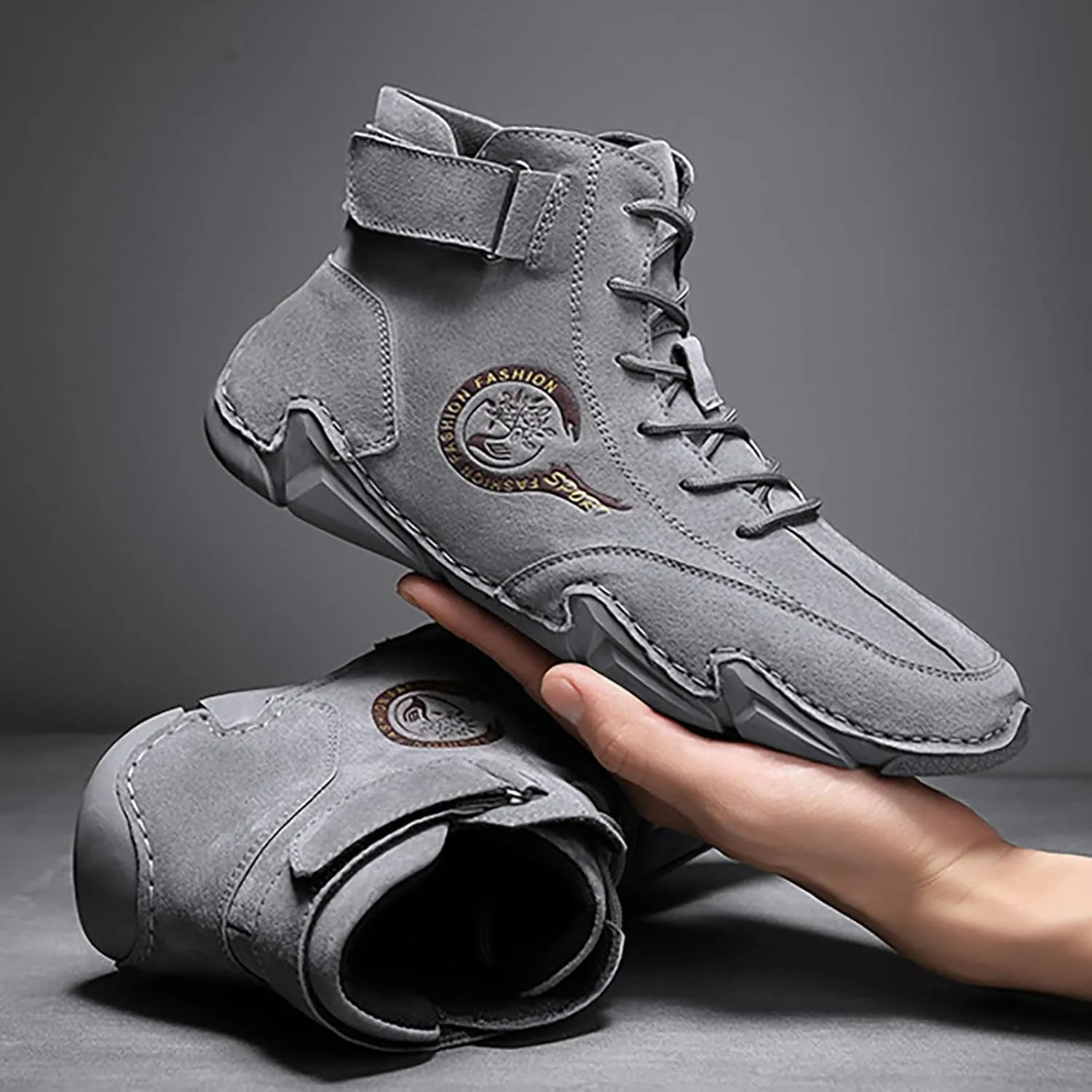 Men's Athletic Running Shoes High Top Hook Loop Short Boots Suede Lace Up Shoes Arch Support Plantar Sneaker