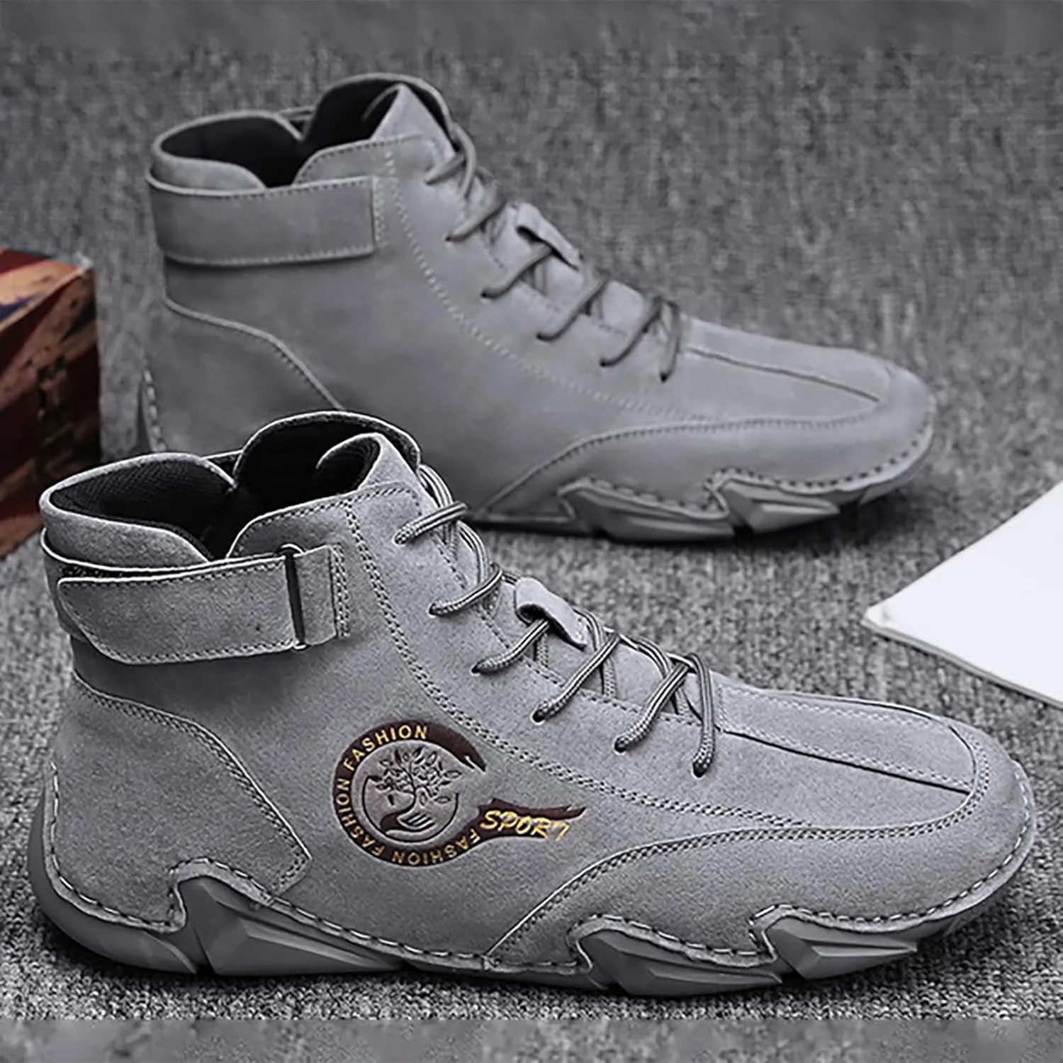Men's Athletic Running Shoes High Top Hook Loop Short Boots Suede Lace Up Shoes Arch Support Plantar Sneaker