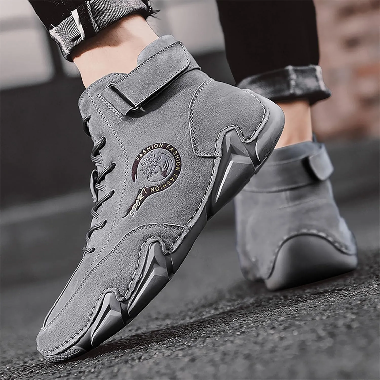 Men's Athletic Running Shoes High Top Hook Loop Short Boots Suede Lace Up Shoes Arch Support Plantar Sneaker