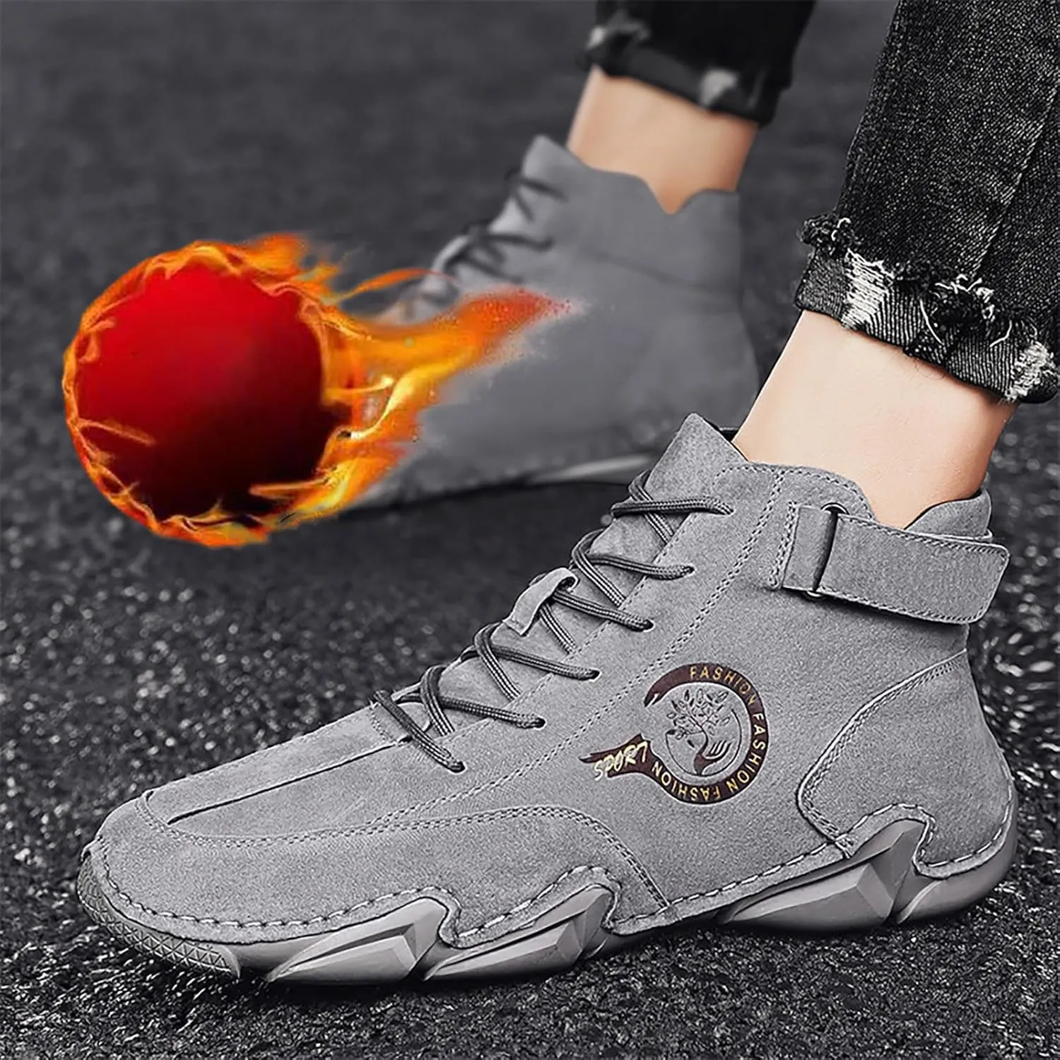Men's Athletic Running Shoes High Top Hook Loop Short Boots Suede Lace Up Shoes Arch Support Plantar Sneaker